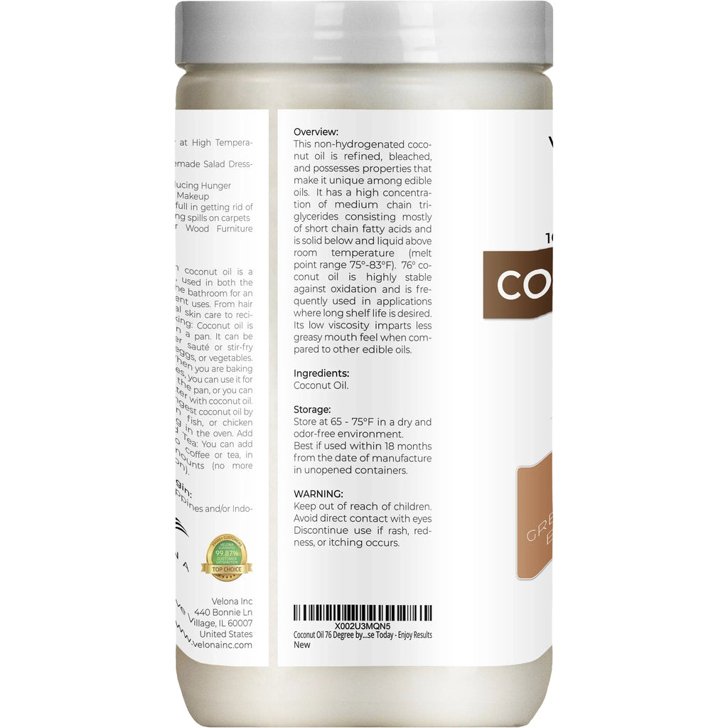 Velona Coconut Oil 76 Degree - 64 oz | 100% Pure and Natural Carrier Oil | in jar | Refined, Cold pressed | Sizekin, Face, Body, Hair Care