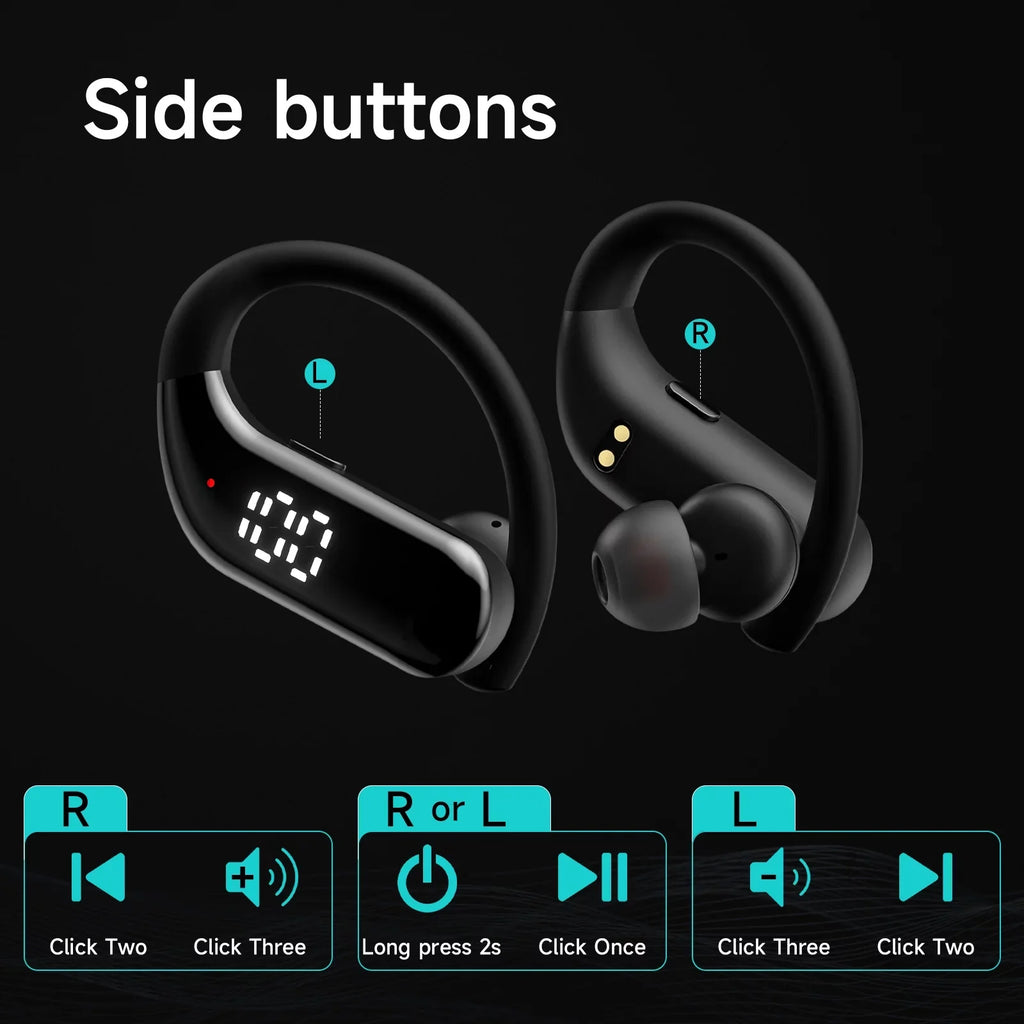 Bluetooth 5.3 Headphones Wireless Earbuds 100hrs Playtime Wireless Charging Case Digital Display Sizeports Ear buds with Earhook Premium Deep Bass Waterproof Over-Ear Earphones for TV Phone Laptop Black