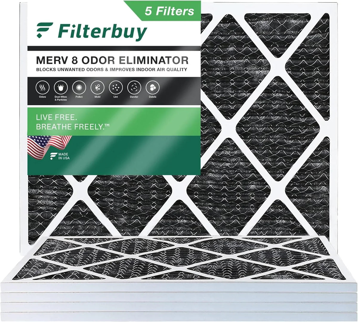 Filterbuy 15x20x1 MERV 8 Odor Eliminator Pleated HVAC AC Furnace Air Filters with Activated Carbon (5-Pack)