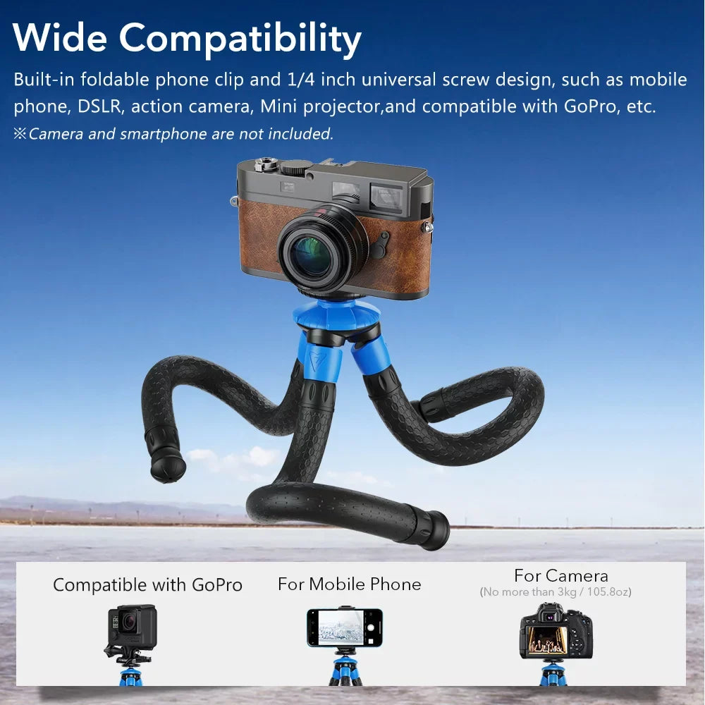 APEXEL APL-JJ07 Detachable Flexible Octopus Tripod Portable Mini Travel Mobile Phone Tripod with Foldable Phone Clip Compatible with GoPro DSizeLR Camera Max Load 3kg