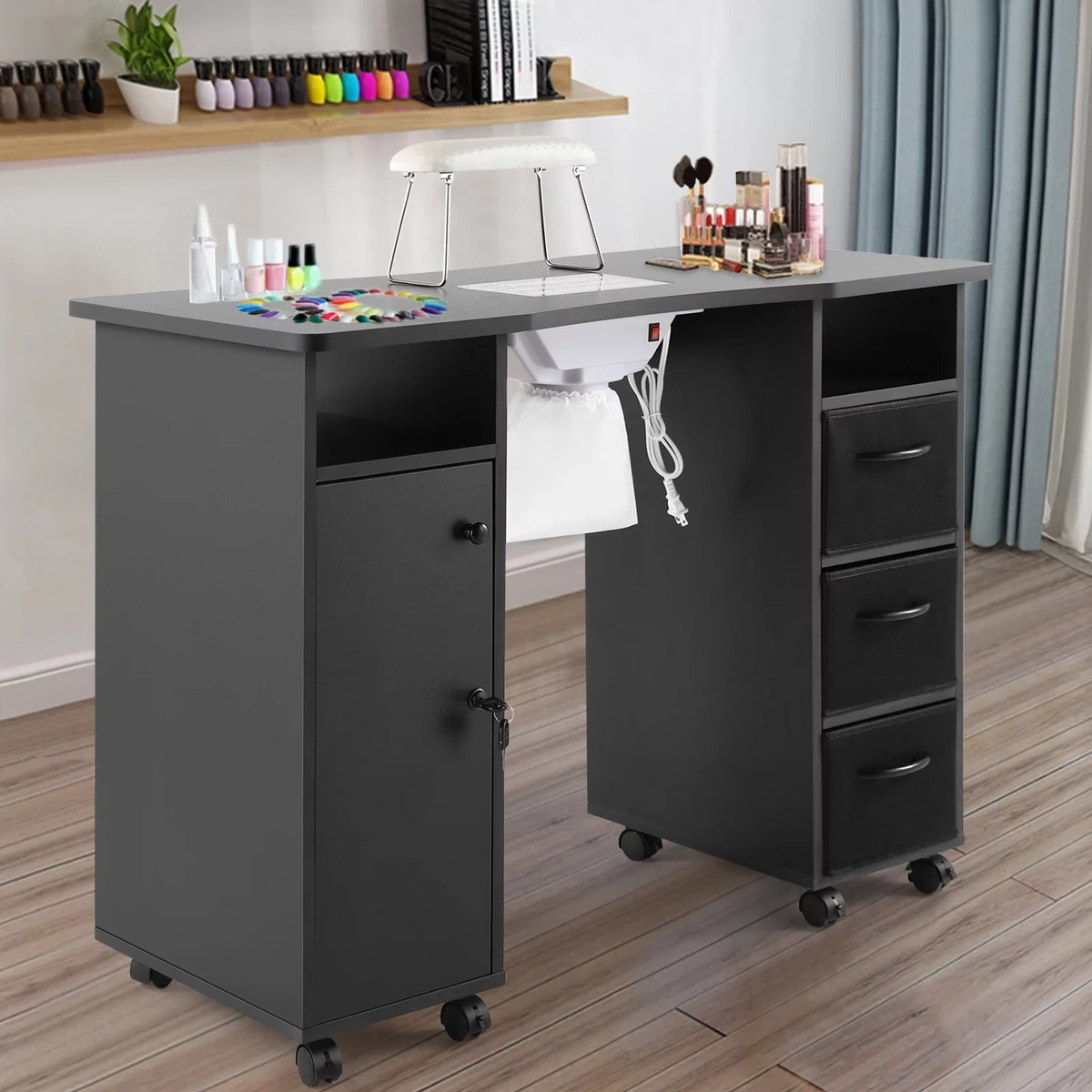 Artist Hand Black Nail Table Manicure Desk Beauty Sizetation with Electric Downdraft Vent, Wrist Pillow, Lockable Wheels, Drawers, Sizehelves