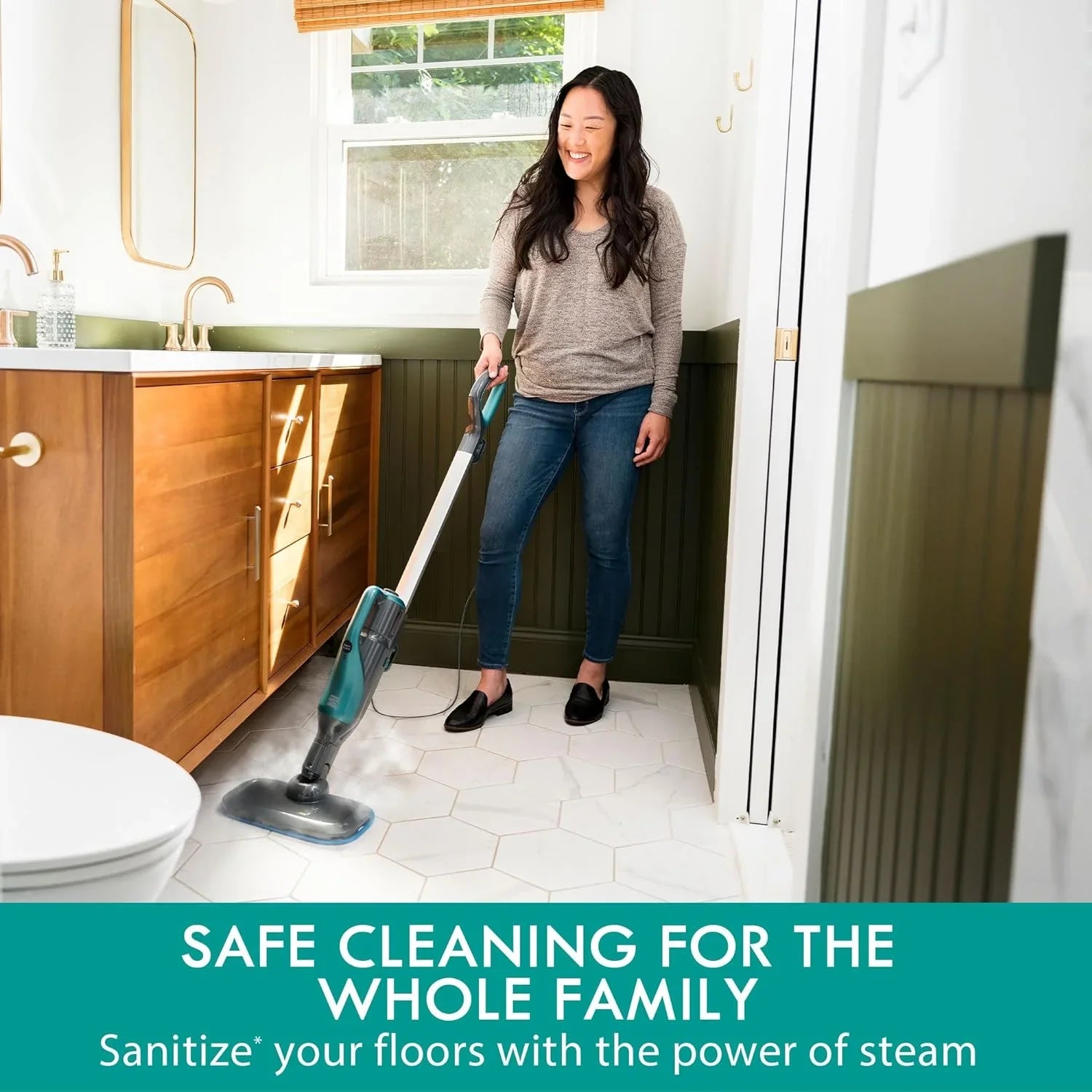 Kenmore SizeM2050 2-in-1 Sizeteam Mop Hard Floor Cleaner with 2 Modes & 2pcs Washable Pads for Carpets, Rugs and Upholstery, Green