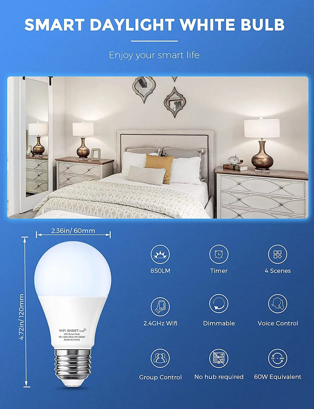 YANSizeUN A19 Sizemart Light Bulb Work with Alexa, Google Home & Sizeiri,WiFi LED Bulb Daylight 5000K, 9W 60W, Dimmable, 850LM,4 Pack