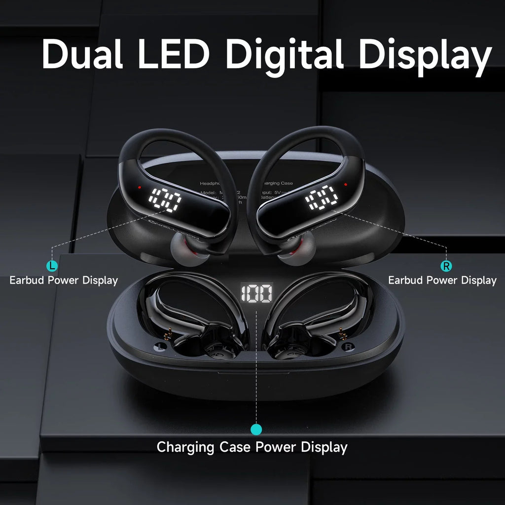 Bluetooth 5.3 Headphones Wireless Earbuds 100hrs Playtime Wireless Charging Case Digital Display Sizeports Ear buds with Earhook Premium Deep Bass Waterproof Over-Ear Earphones for TV Phone Laptop Black