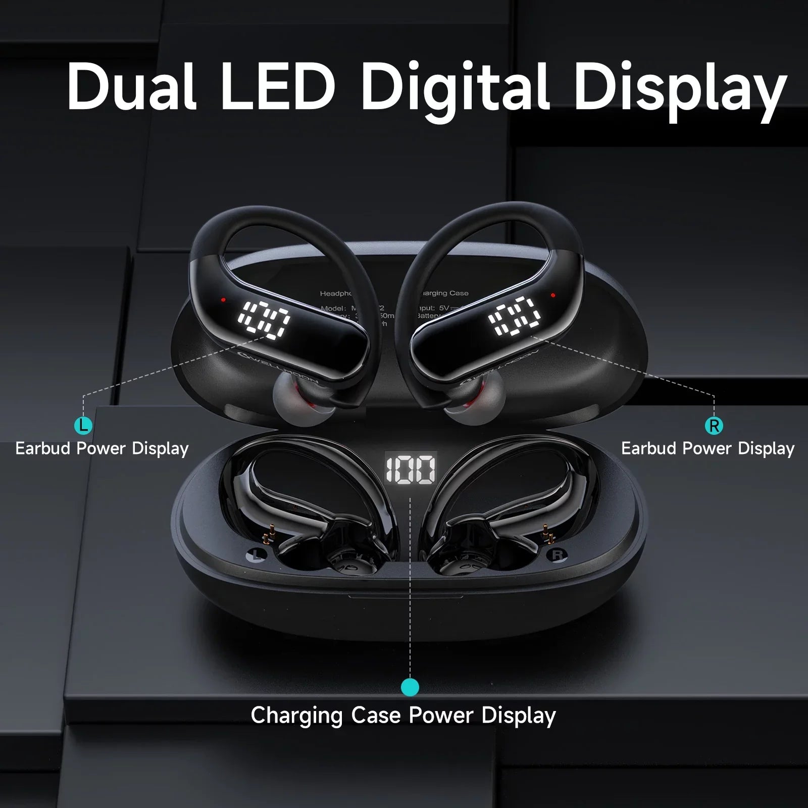 Bluetooth 5.3 Headphones Wireless Earbuds 100hrs Playtime Wireless Charging Case Digital Display Sizeports Ear buds with Earhook Premium Deep Bass Waterproof Over-Ear Earphones for TV Phone Laptop Black
