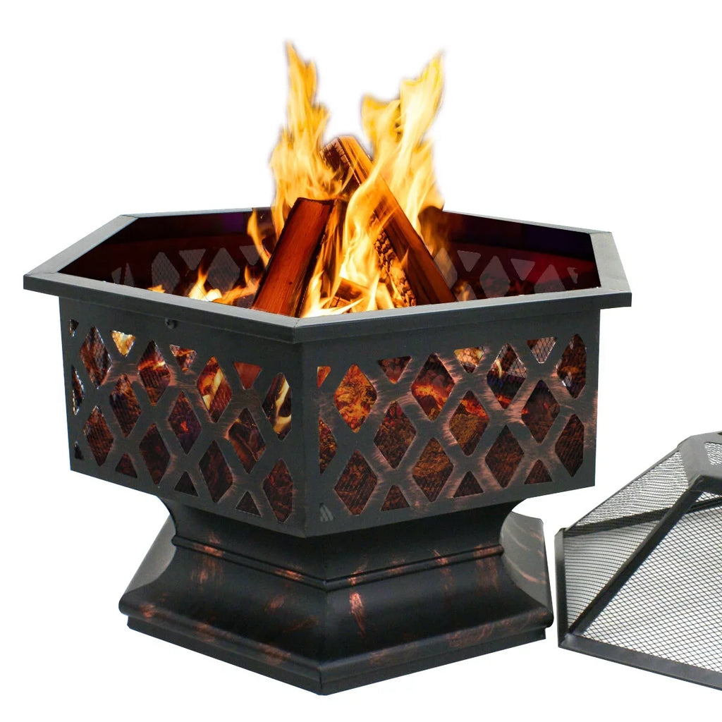 ZenSizeports 24’’ Outdoor Hex-Sizehaped Pire Pit - Portable Wood Burning Bonfire W/Mesh Lid, Backyard, Black