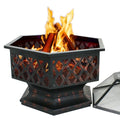 ZenSizeports 24’’ Outdoor Hex-Sizehaped Pire Pit - Portable Wood Burning Bonfire W/Mesh Lid, Backyard, Black