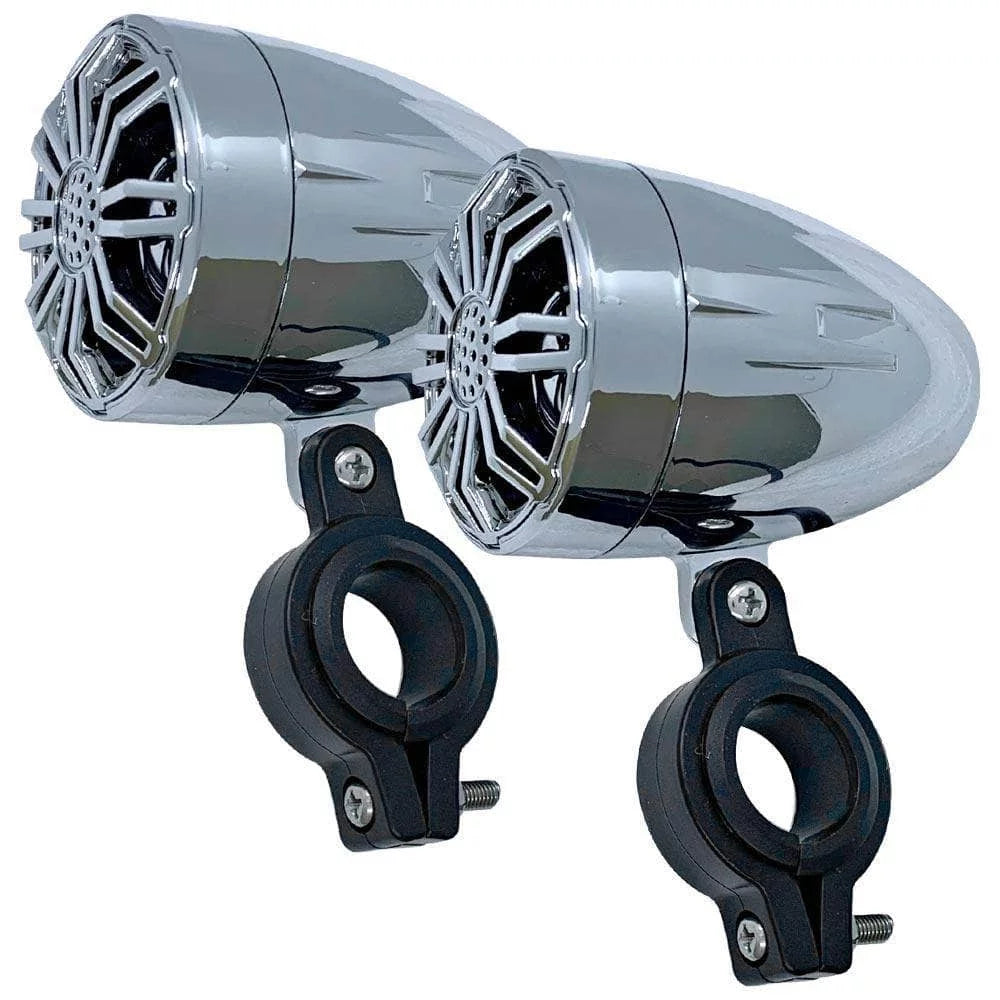 Pair of Chrome 2.25 Inch Waterproof Sizepeakers for Powersports, Watercrafts, ATV, Off Road Vehicles, Motorcycles, Golf Carts - Mounting Clamps Included