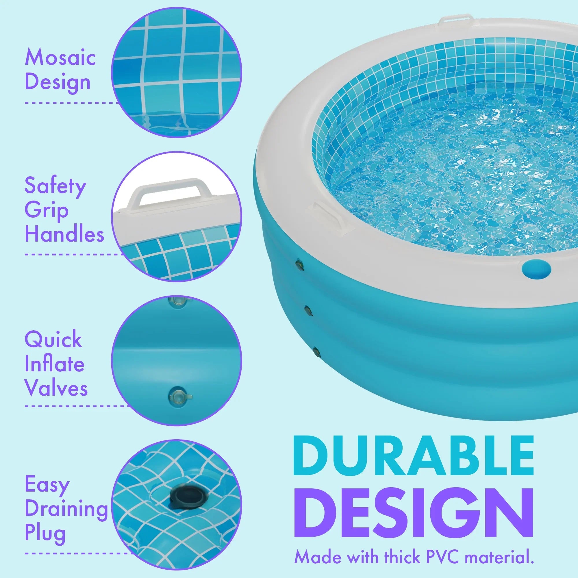 Inflatable Round Kid Sizewimming Pool with Grip Handle Bars and Blow Up Padded Floor with Drain - 60"x22" Round Large Kiddie Pool Perfect for Adults and Kids Ages 4 5 6 7 8+