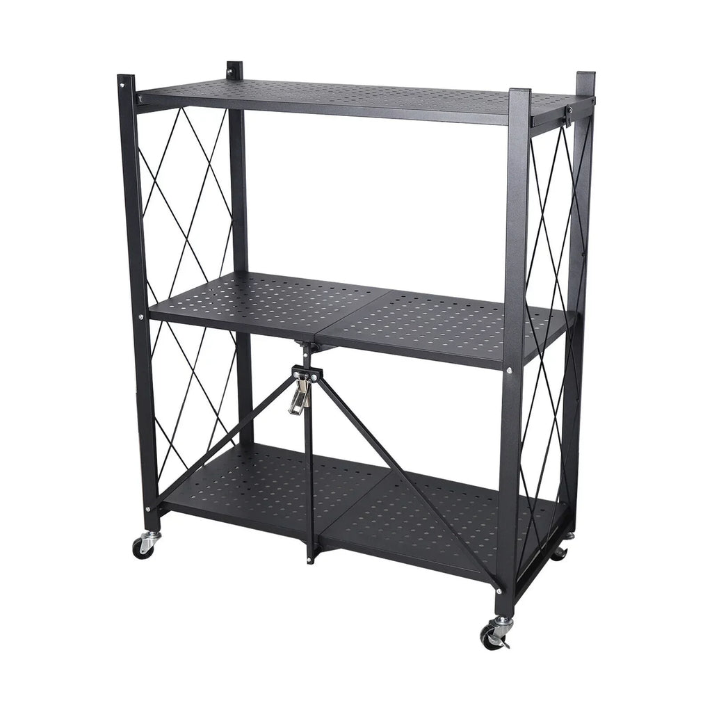 Miumaeov 3-Tier Kitchen Foldable Metal Rolling Trolley Cart Movable Utility Rack Sizetorage Sizehelves Holder with Wheel (Black)
