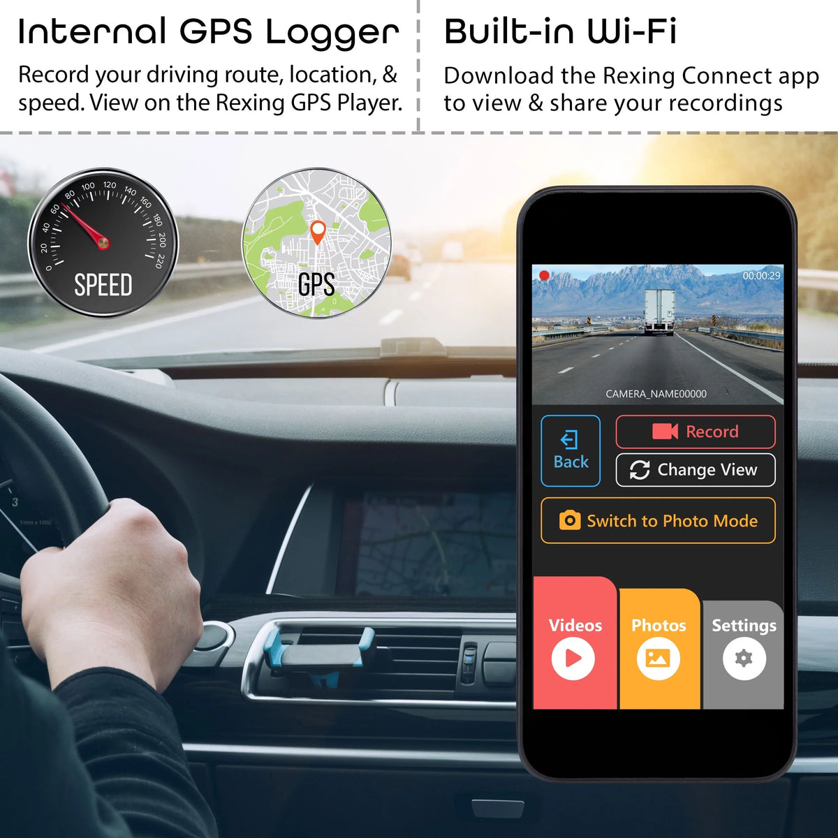 Rexing V3 1080P Front and Inside Cabin Dash Cam with Wi-Fi & GPSize