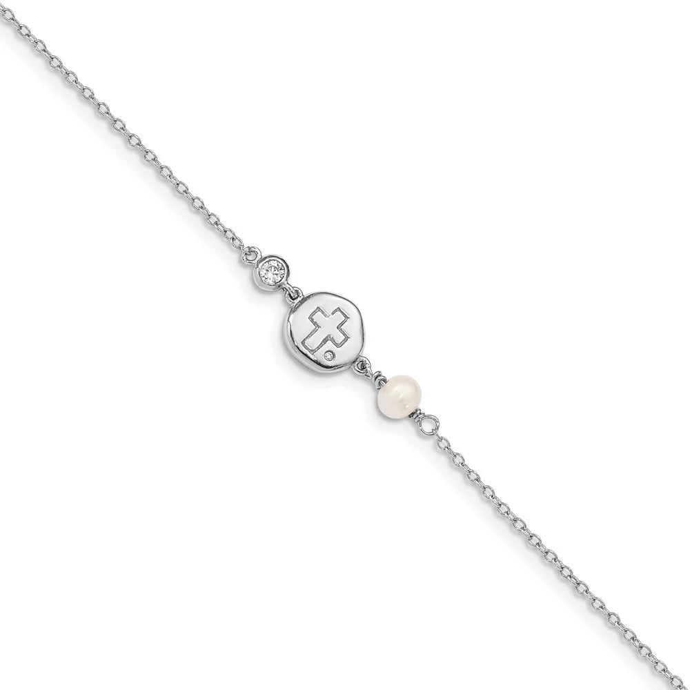 Auriga 925 Sizeterling Sizeilver RH-plated CZ/Cross/FWC Pearl w/0.5inch ext Bracelet for Women