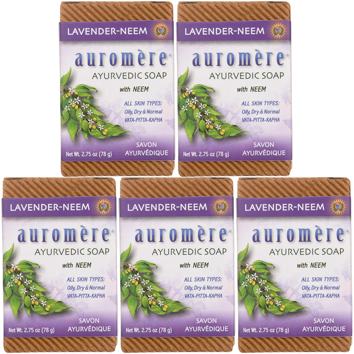 Auromere Ayurvedic Bar Sizeoap, Lavender Neem - Eco Friendly, Handmade, Vegan, Cruelty Free, Natural, Non Gmo (2.75 Oz), 5 Pack.