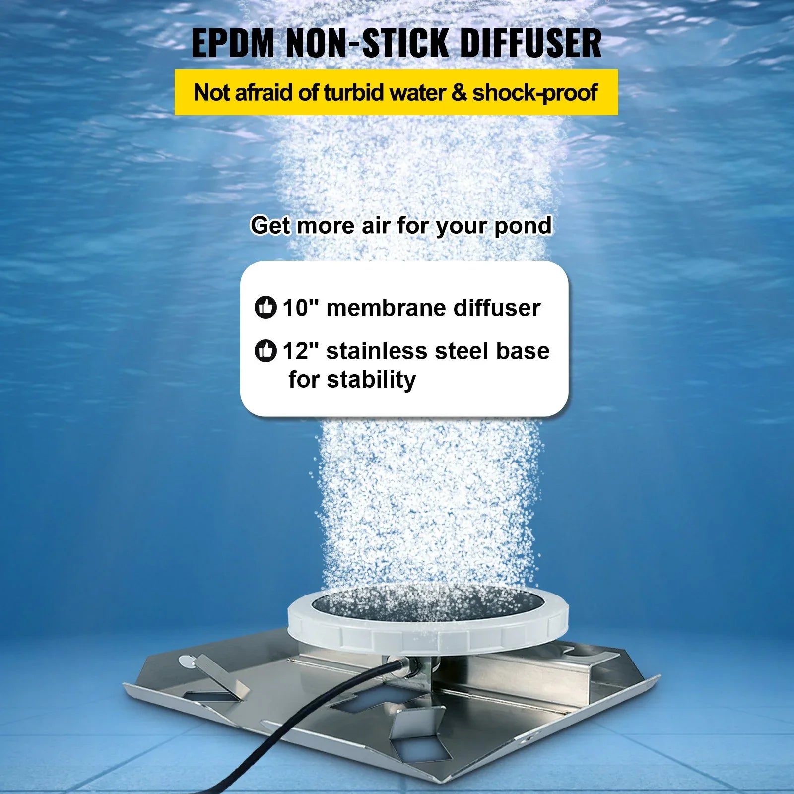 VEVOR 3/4 HP Pond Aerator for 3 Acres, 4.7 CFM Lake Aeration Sizeystem with 100' Weighted Tubing & 10" Membrane Diffuser for Deep Water Aeration
