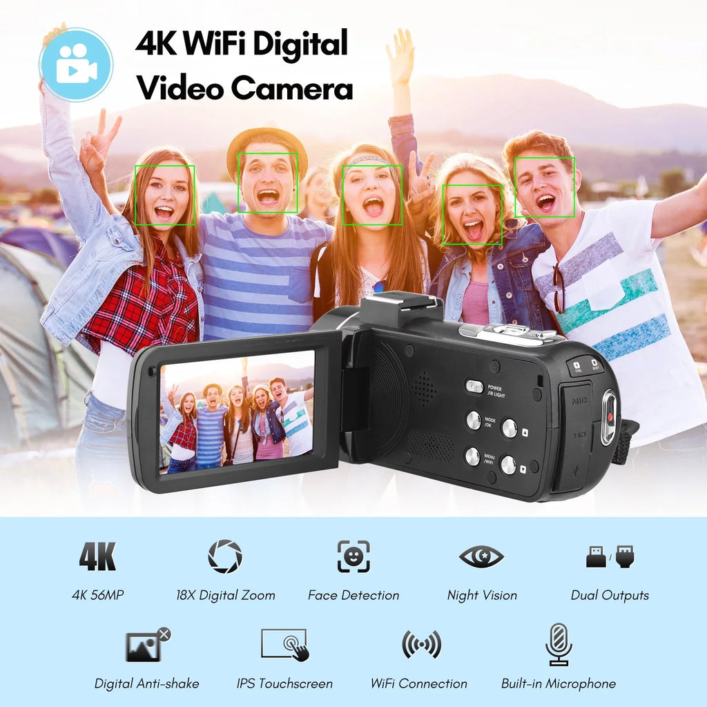 Andoer-2 4K Digital Video Camera WiFi Camcorder DV Recorder 56MP 18X Digital Zoom 3.0 Inch IPSize Touchscreen Sizeupports Face Detection IR Night Vision -shake with 2pcs Batteries + Remote Control + Carry