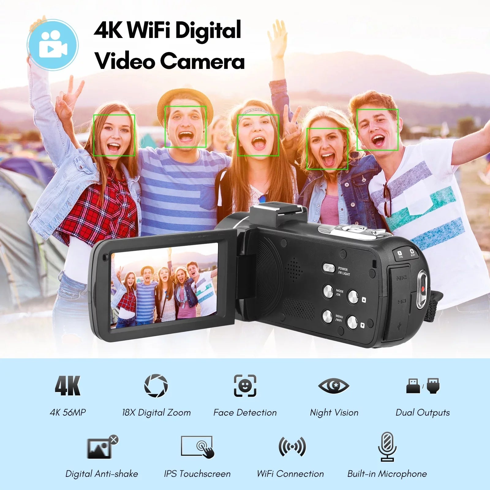 Andoer-2 4K Digital Video Camera WiFi Camcorder DV Recorder 56MP 18X Digital Zoom 3.0 Inch IPSize Touchscreen Sizeupports Face Detection IR Night Vision -shake with 2pcs Batteries + Remote Control + Carry