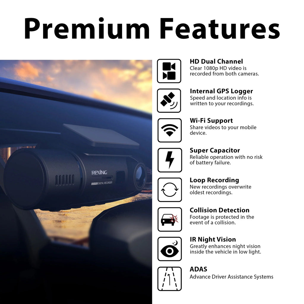 Rexing V3 1080P Front and Inside Cabin Dash Cam with Wi-Fi & GPSize