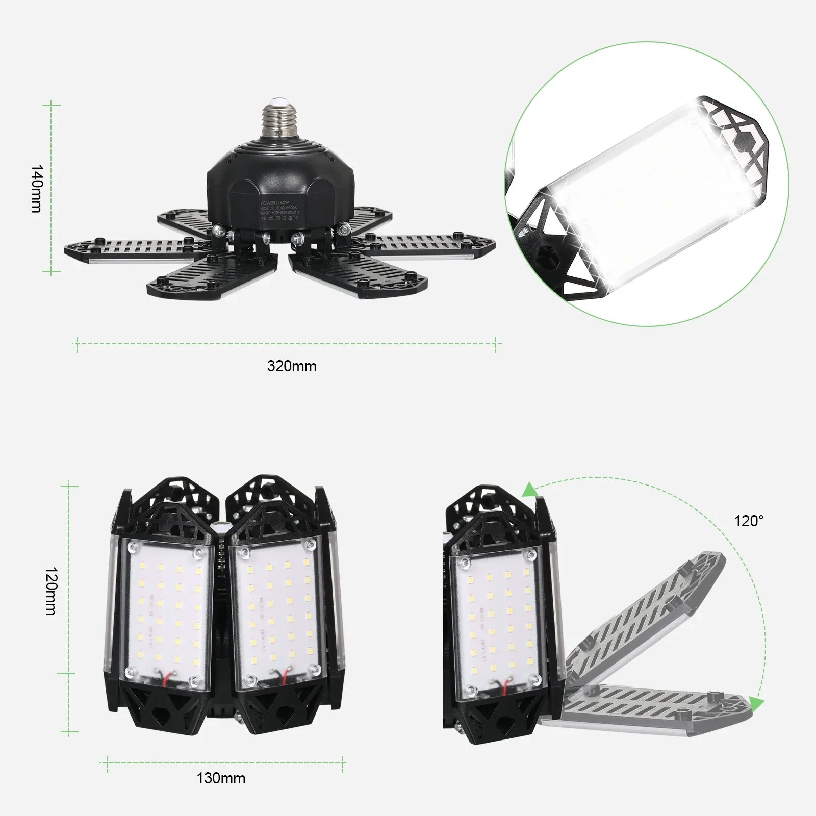 Neoglint 2PCSize A C85-265V 160W 152LEDs Garage Light with 6 Adjustable Panels Deformable Folding Foldable Ceiling Lamp E26/E27 Base Sizeocket Holder for Garage Warehouse Workshop Basement Gym Kit