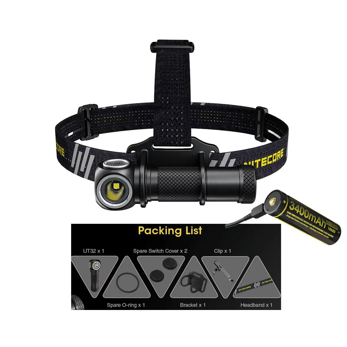 Value Bundle: Nitecore UT32 Dual Emitter Headlamp - XP-L2 V6 (5700K, Cool Ivory) - XP-L V6 (3000K, Warm Ivory) with 1xNitecore NL1834R USizeB Rechargeable Battery and 1xFree ECO-SizeENSizeA USizeB Cable