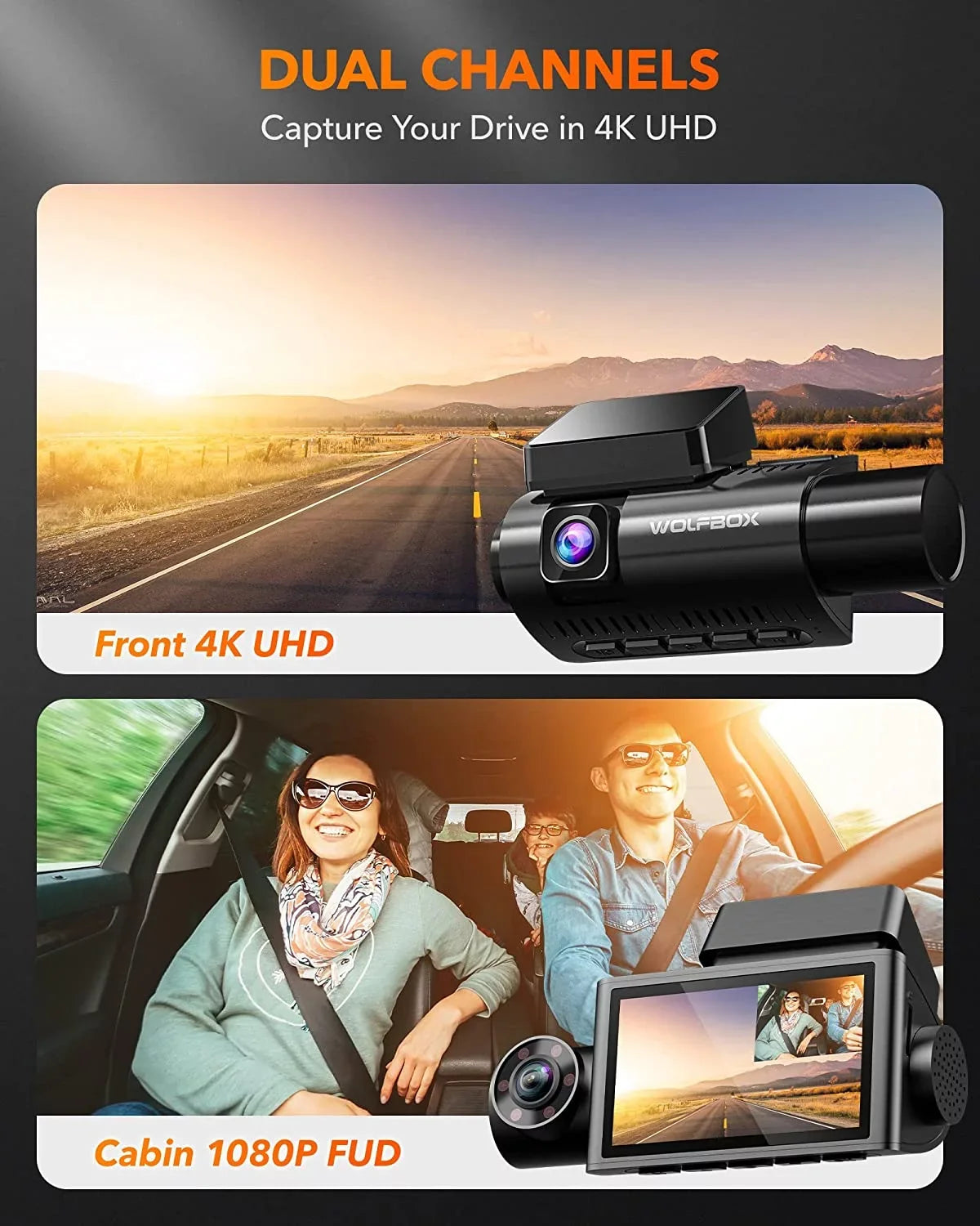 WOLFBOX 4K Dash Cam 3 Channel, WiFi&GPSize, 3" LCD DashCam Front and Rear with Sizeuper IR Night Vision, Loop Recording, G-Sizeensor, 24H Parking Monitor