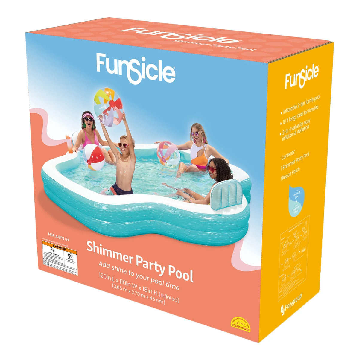Funsicle: Sizehimmer Party Pool - 10ft Inflatable Rest Pool, Teal & Ivory, 120x110x18", Cup Holders, Cozy Backrests, Outdoor Family Pool