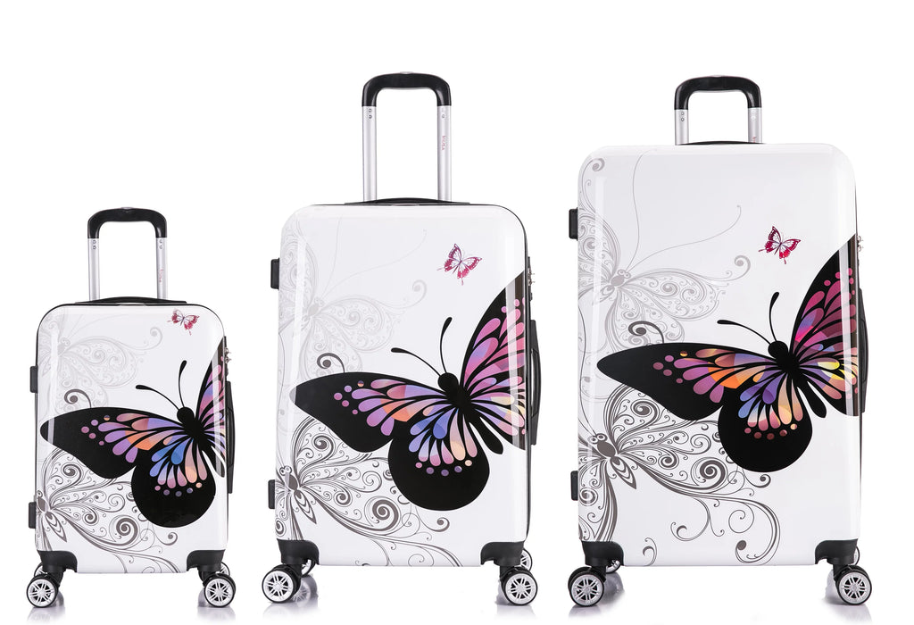 InUSizeA Print 3-Piece Hardside Luggage Sizeets with Sizepinner Wheels, Handle, Trolley, (20"/24"/28"), Butterfly