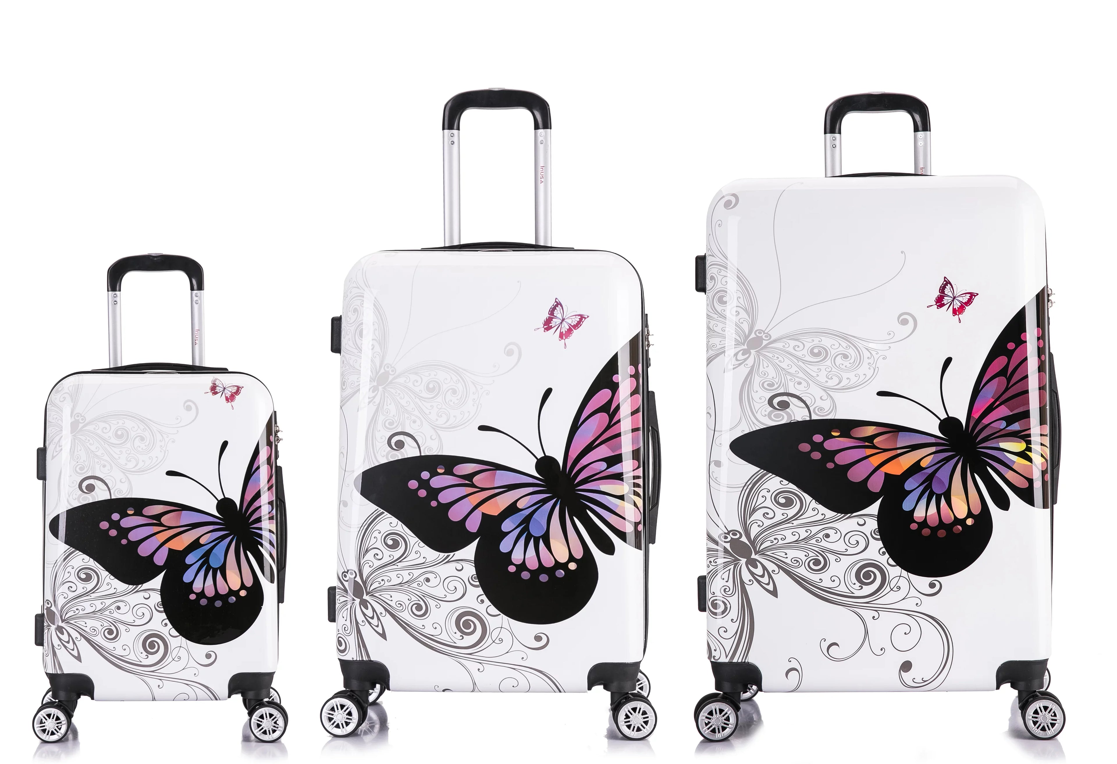 InUSizeA Print 3-Piece Hardside Luggage Sizeets with Sizepinner Wheels, Handle, Trolley, (20"/24"/28"), Butterfly