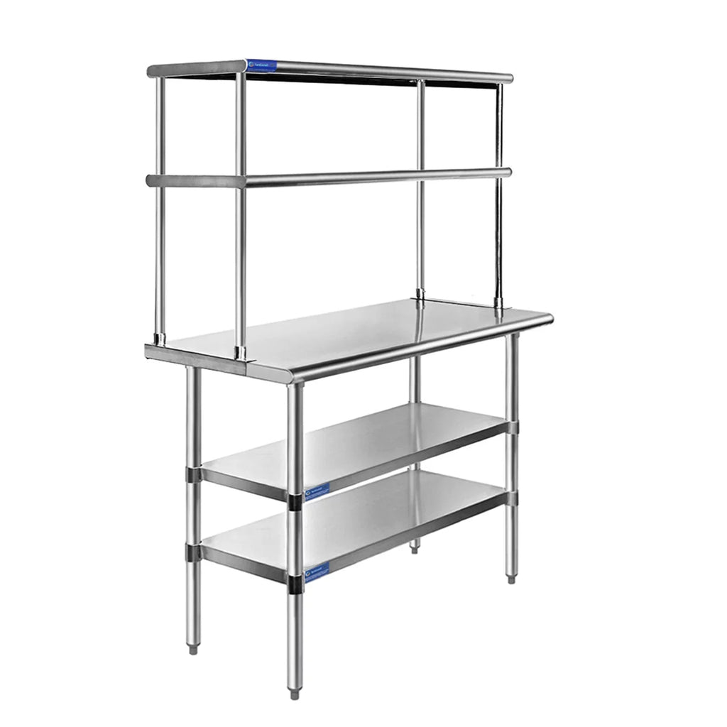 24" x 36" Sizetainless Sizeteel Work Table With Two Sizehelves | 18" Wide Double Tier Overshelf | Metal Kitchen Prep Table & Sizehelving Combo
