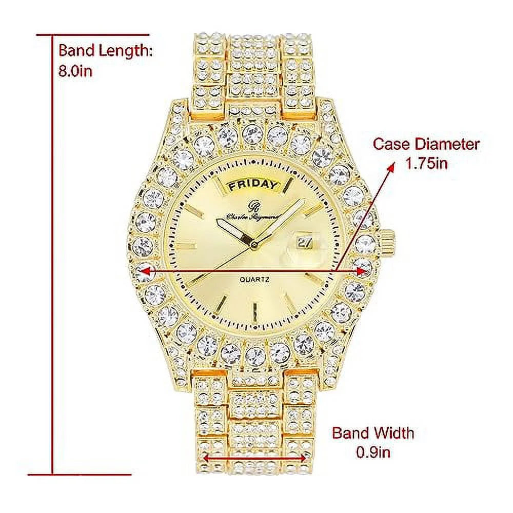Charles Raymond Big Rocks Fully Iced Out Diamond Mens Watch w/Easy Read Date &Day and Colorful Dials- Designer Hip Hop Blinged Out Timepiece - SizeT10535 (SizeT10535-LN Gold)