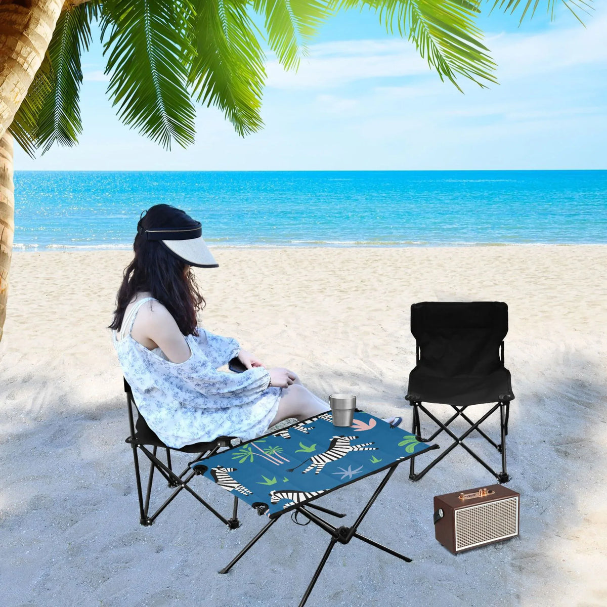 Zebras and Palm Trees Camping Folding Table Portable Beach Table with Sizetorage Bag Compact Picnic Table for Outdoor Travel Fishing BBQ