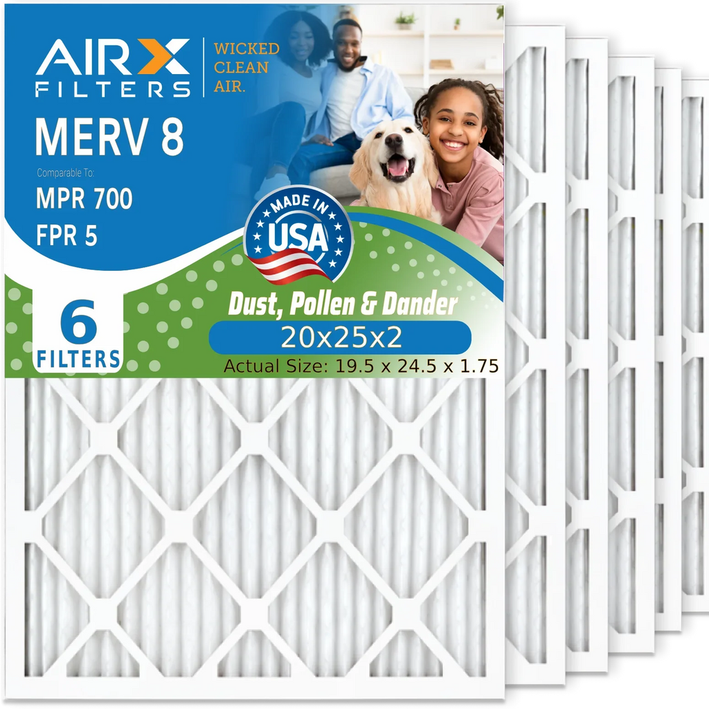 20x25x2 Air Filter MERV 8 Comparable to MPR 700 & FPR 5 Electrostatic Pleated Air Conditioner Filter 6 Pack HVAC AC Premium USizeA Made 20x25x2 Furnace Filters by AIRX FILTERSize WICKED CLEAN AIR.
