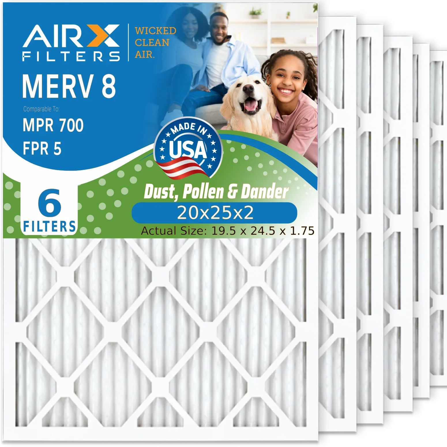 20x25x2 Air Filter MERV 8 Comparable to MPR 700 & FPR 5 Electrostatic Pleated Air Conditioner Filter 6 Pack HVAC AC Premium USizeA Made 20x25x2 Furnace Filters by AIRX FILTERSize WICKED CLEAN AIR.