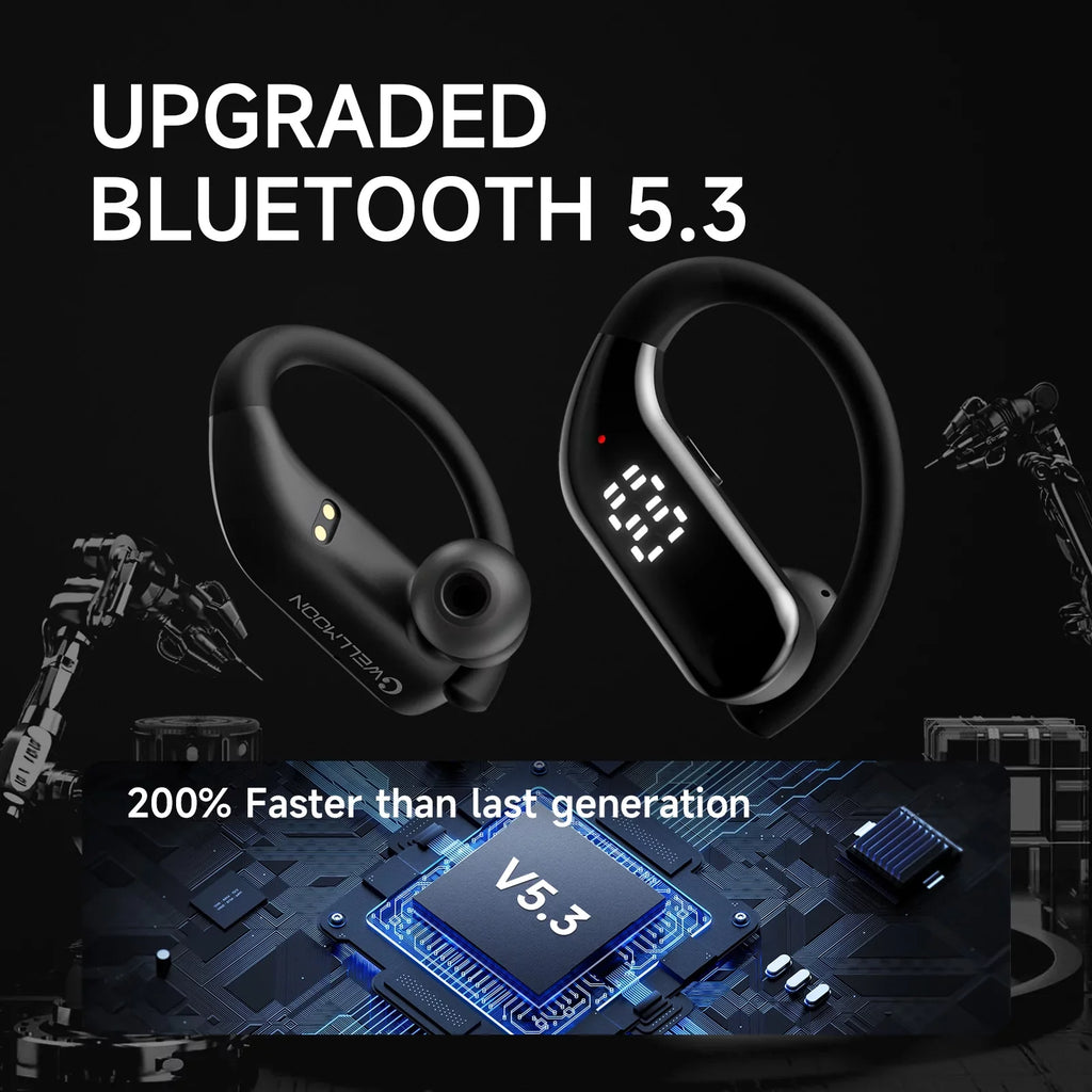 Bluetooth 5.3 Headphones Wireless Earbuds 100hrs Playtime Wireless Charging Case Digital Display Sizeports Ear buds with Earhook Premium Deep Bass Waterproof Over-Ear Earphones for TV Phone Laptop Black