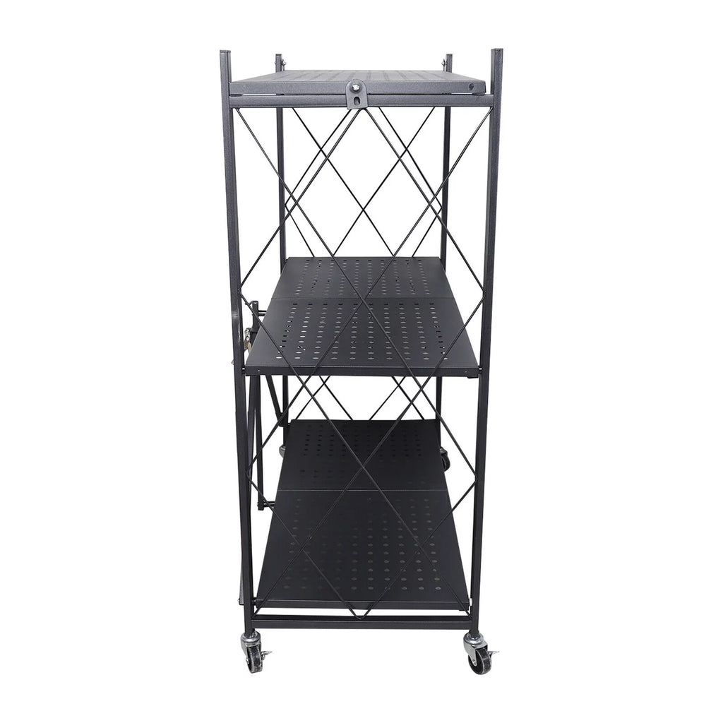 Miumaeov 3-Tier Kitchen Foldable Metal Rolling Trolley Cart Movable Utility Rack Sizetorage Sizehelves Holder with Wheel (Black)