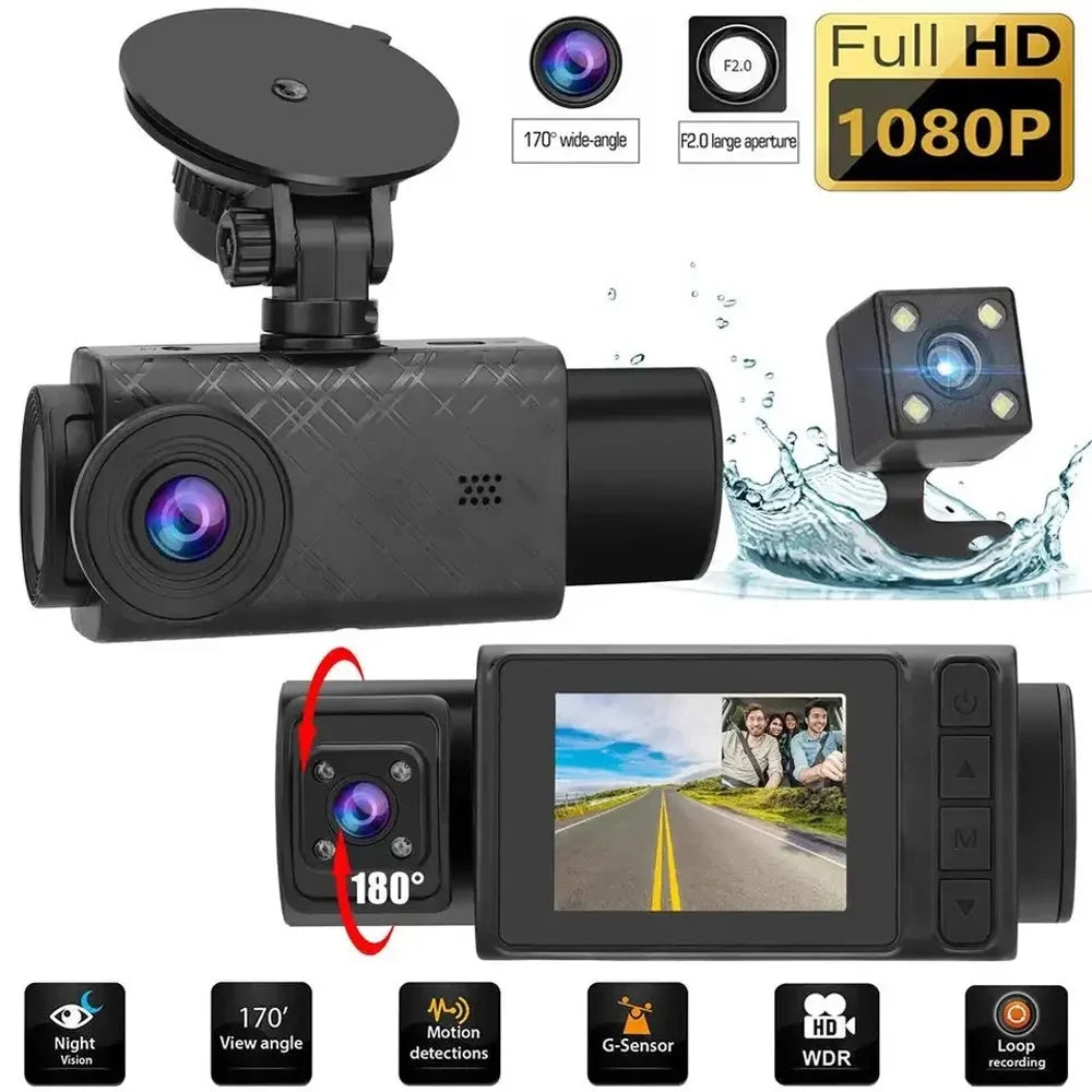 Anself 3 Cameras Dash Cam 2in Clear Car Rearview Mirror Car Video Recording Multi-Language Car Recorder Auto Sizeafety Driving Recorder