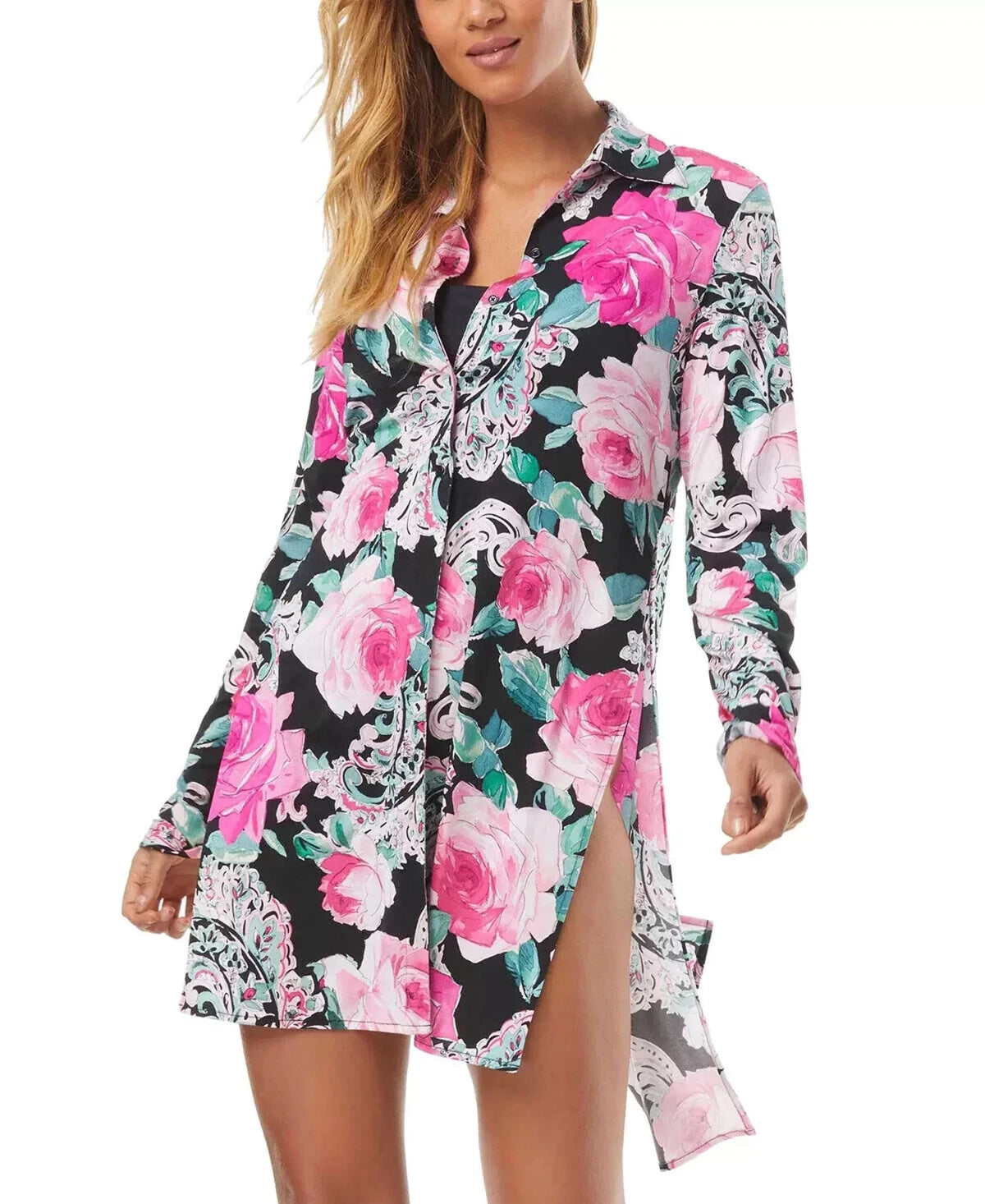 Carmen Marc Valvo Floral-Print Tie-Front Cover-Up
