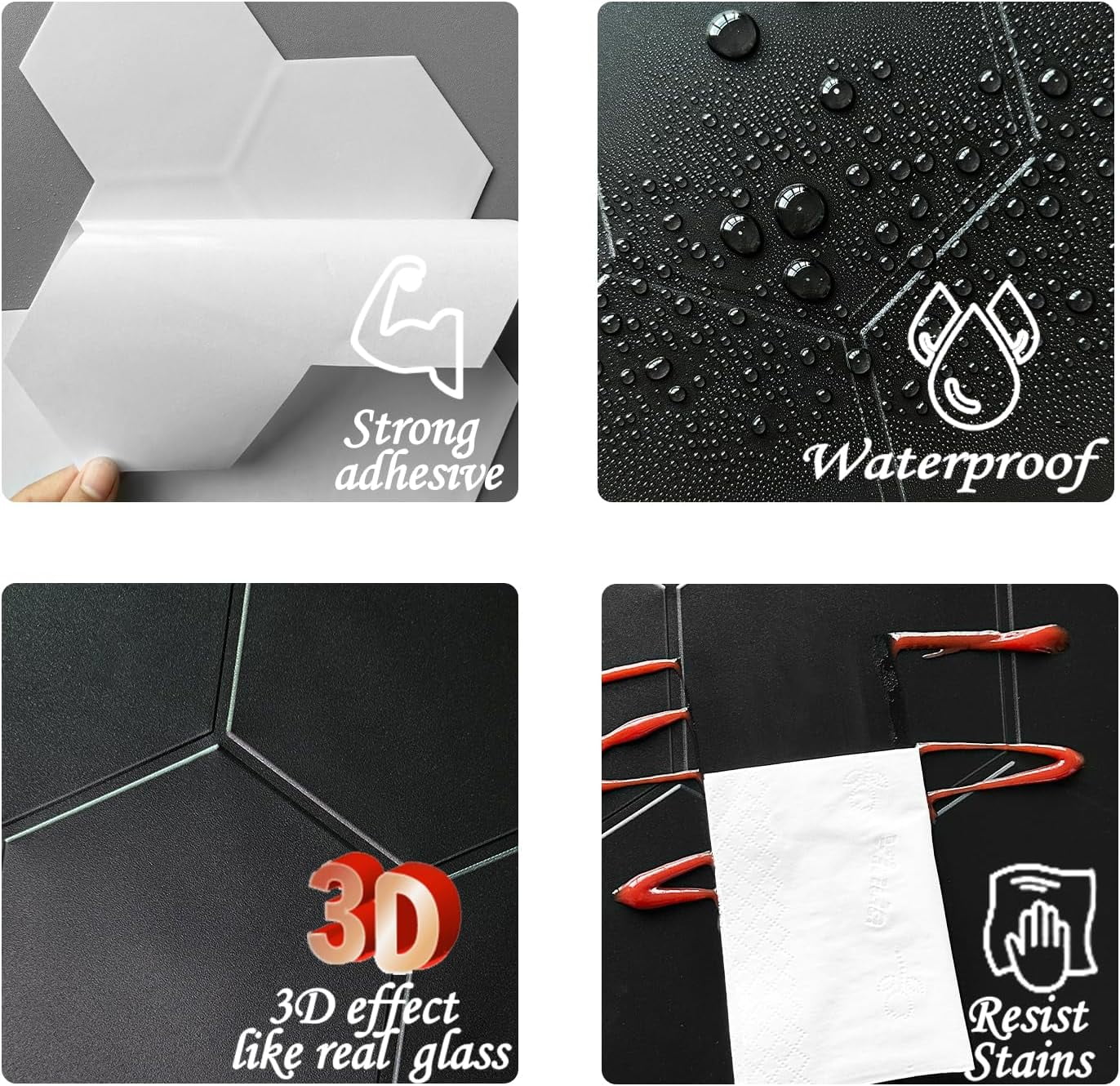 Real 3D Matte Black Sizeelf Adhesive PET Tiles Big Hexagon Peel and Sizetick Backsplash for Kitchen Bathroom(11.57''x10.35'',10-Sizeheet)