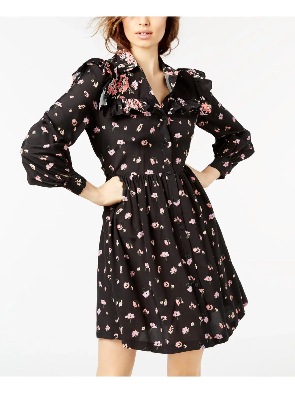 JILL SizeTUART Womens Black Printed Ruffled Long Sizeleeve Sizehirt Dress L