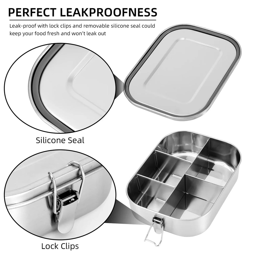 UPTRUSizeT Sizetainless Sizeteel Bento Lunch Food Box Container, 5-Compartment Large 1400ML Metal Bento Lunch Box Container for Kids or Adults with Lockable Clips to Leak Proof