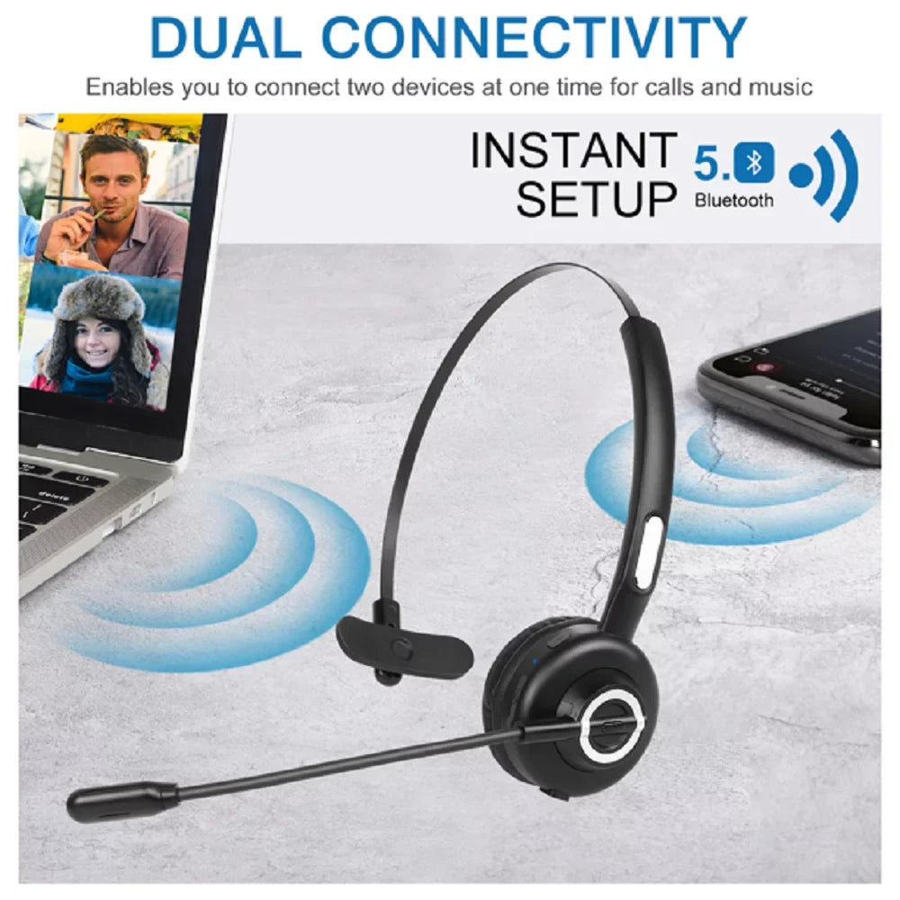Cozy Bluetooth Headset, UX-M97 Wireless Headset with Microphone, Wireless Cell Phone Headset with Noise Isolation Mic Charging Base Mute Function for Tecno Camon 17 With Charging Dock