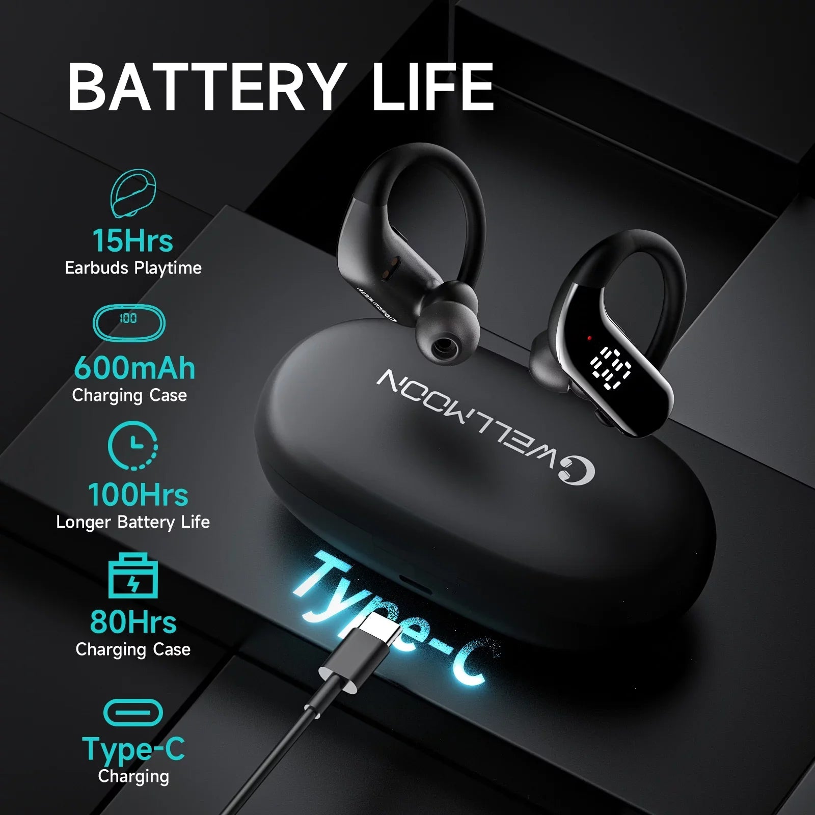 Bluetooth 5.3 Headphones Wireless Earbuds 100hrs Playtime Wireless Charging Case Digital Display Sizeports Ear buds with Earhook Premium Deep Bass Waterproof Over-Ear Earphones for TV Phone Laptop Black