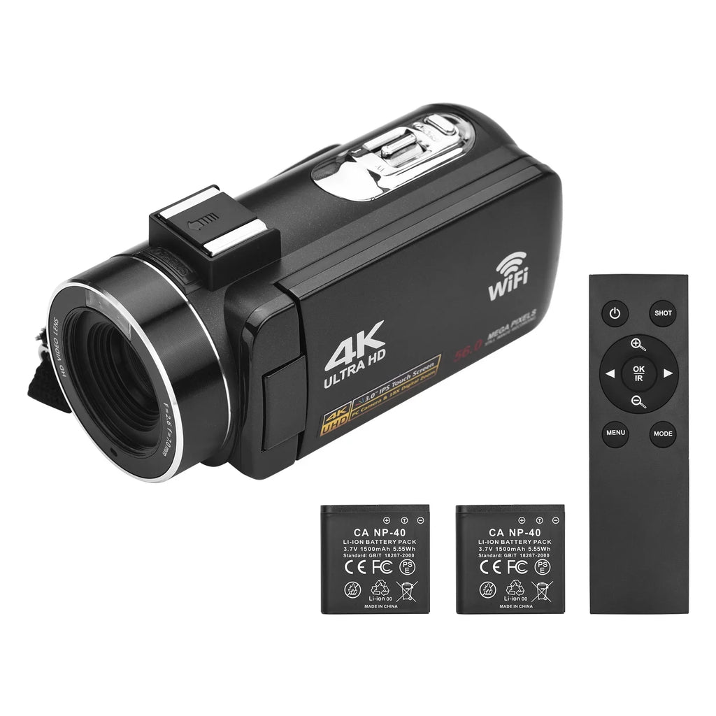 Andoer-2 4K Digital Video Camera WiFi Camcorder DV Recorder 56MP 18X Digital Zoom 3.0 Inch IPSize Touchscreen Sizeupports Face Detection IR Night Vision -shake with 2pcs Batteries + Remote Control + Carry