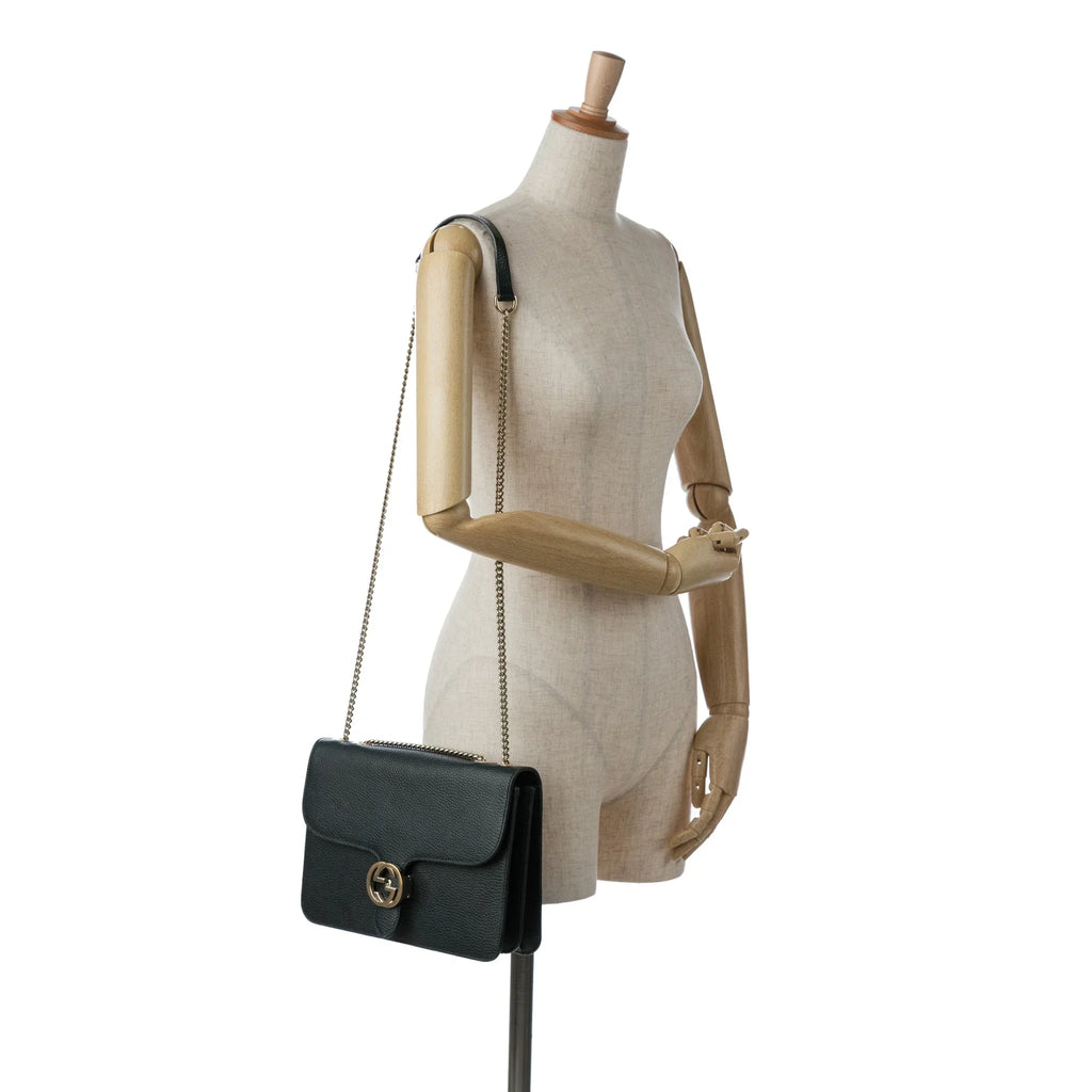 Pre-Owned Authenticated Gucci Medium Dollar Interlocking G Crossbody Bag Calf Leather Black Unisex (Good)