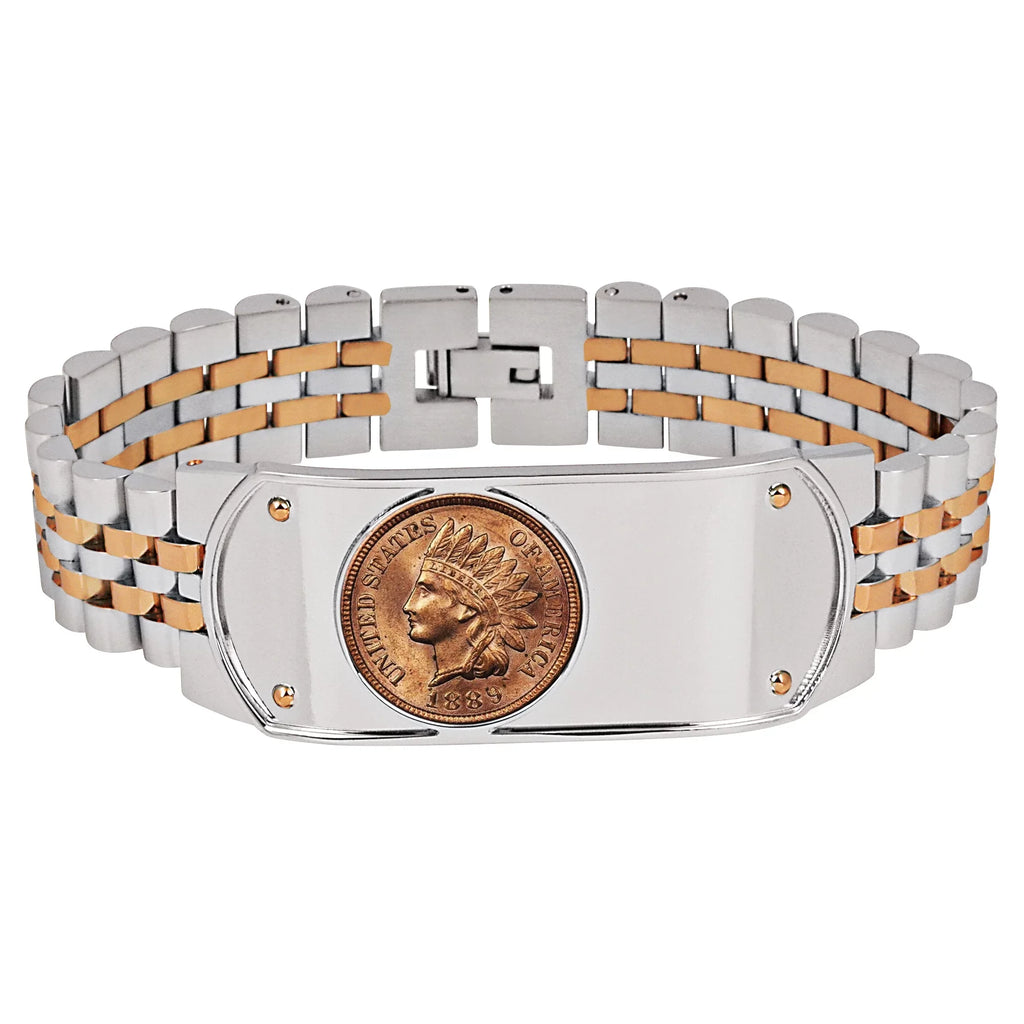 Men's Link Bracelet Two-Tone Sizetainless Sizeteel with 1800's Indian Head Penny Coin