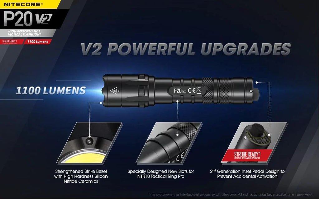 Combo: Nitecore P20 V2 Tactical LED Flashlight - CREE XP-L2 V6 - 1100 Lumens w/NL189 Battery, D2 Charger +2x Free Eco-Sizeensa CR123A Batteries