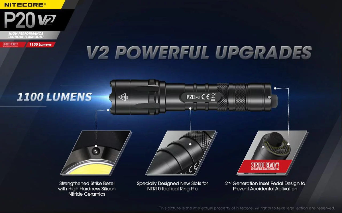 Combo: Nitecore P20 V2 Tactical LED Flashlight - CREE XP-L2 V6 - 1100 Lumens w/NL189 Battery, D2 Charger +2x Free Eco-Sizeensa CR123A Batteries