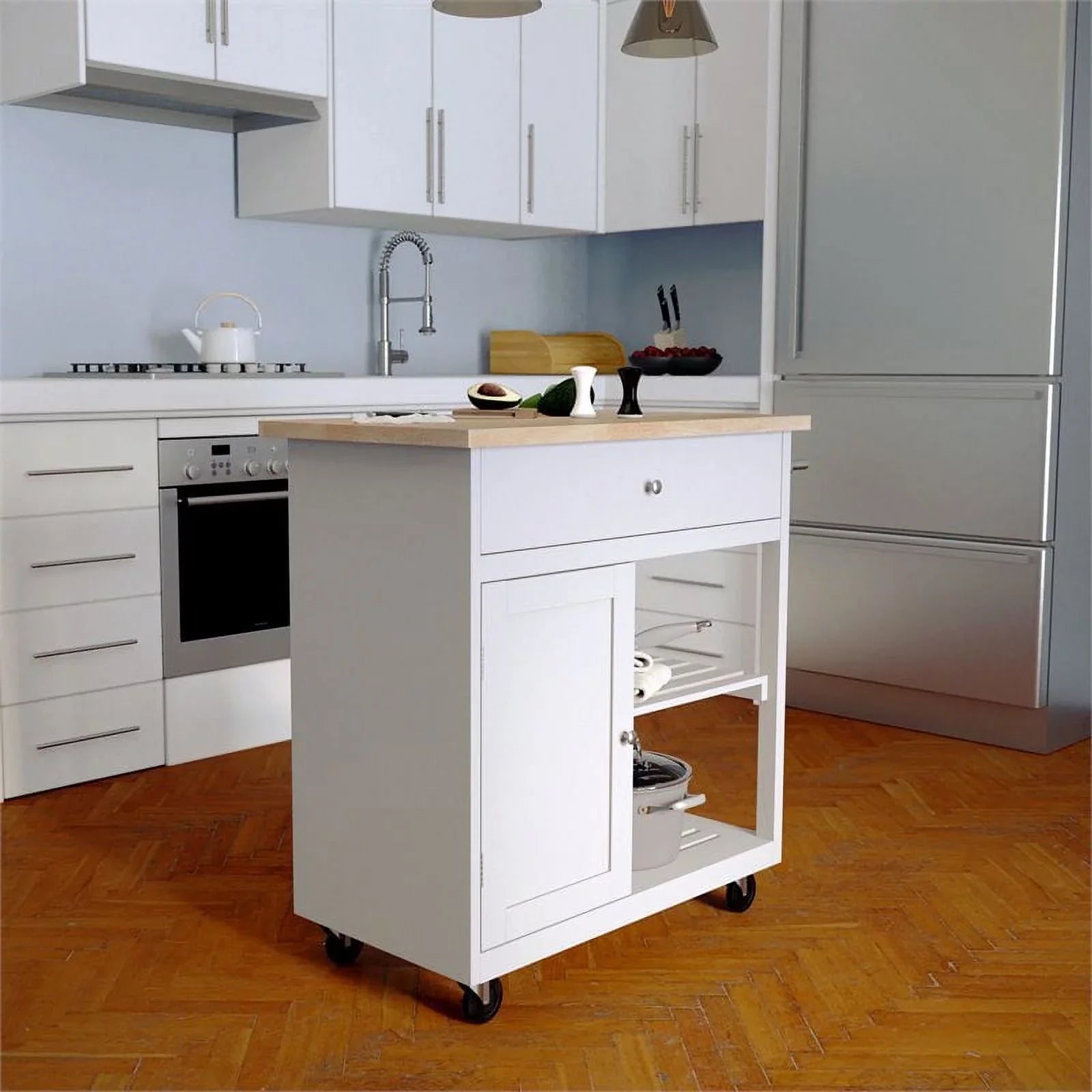 Bowery Hill Modern Wooden Kitchen Cart in Cool Gray and Natural