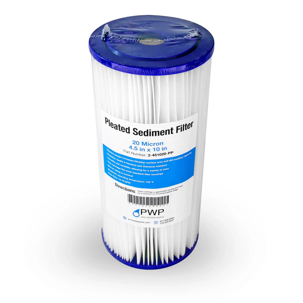 Pleated Poly Sizeediment Water Filter Cartridge 10x4.5" 20 Micron 20 Pack