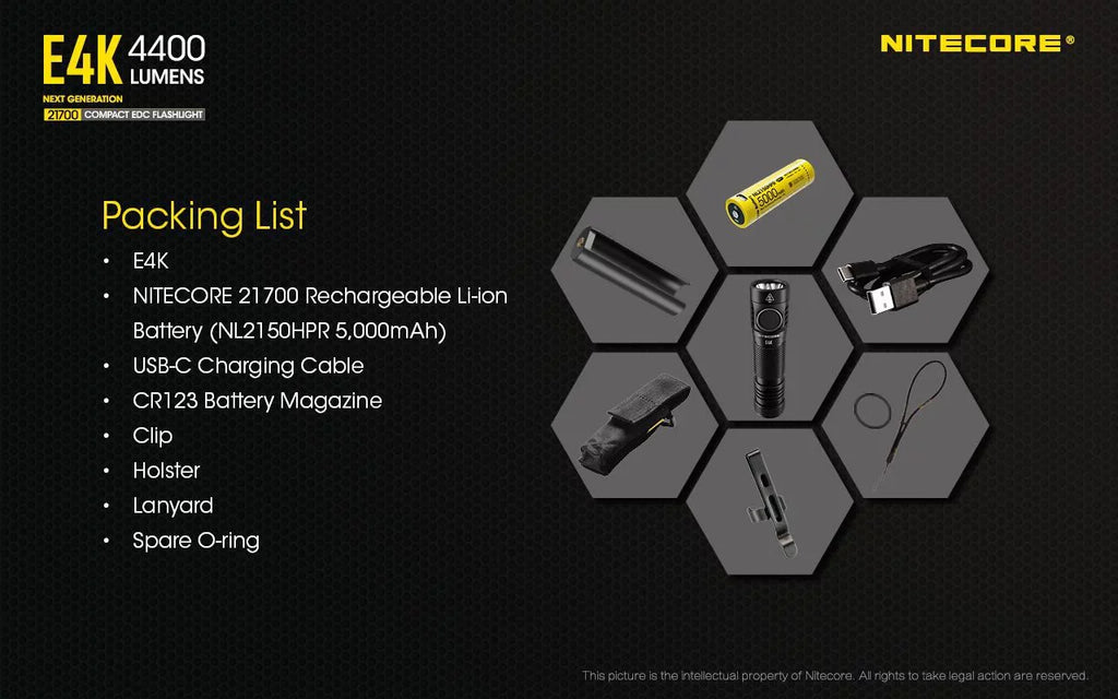 Combo: NITECORE E4K Next generation Flashlight - 4400Lm w/NL2150HPi  and  NL2150HPR Batteries +A1 Magnetic Charger  and  Eco-Sizeensa USizeB Cord