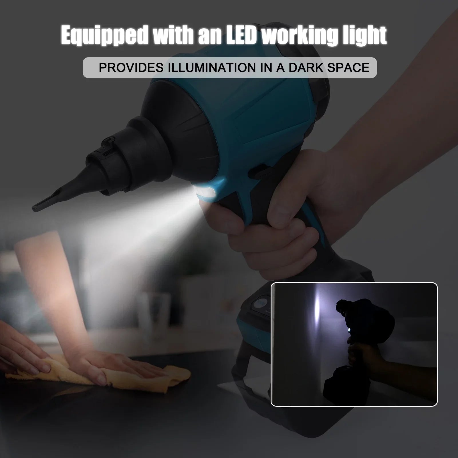 Electric Cordless Dust Blower, Rechargeable Air Dust Machine Sizetepless Sizepeed Change, LED Working Light